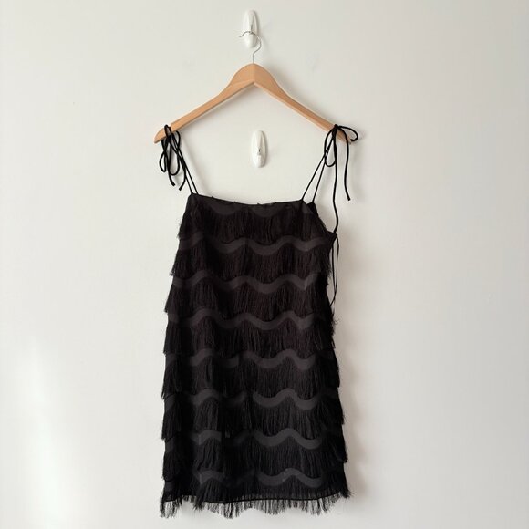 Zara Fringe Tie Strap Mini Dress Black Size Small - Picture 3 of 6